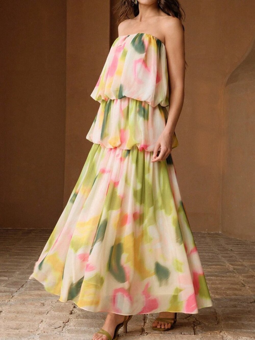 Multicolor Preppy Women's Floral Print Chiffon Sleeveless Tiered Maxi Dress - Picture 5 of 8